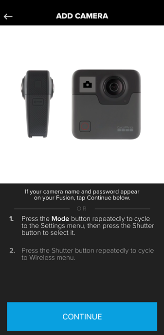 Screenshot of the GoPro app displaying instructions on how to connect your GoPro Fusion to the app.