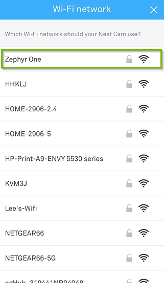 Wi-Fi network selection screen