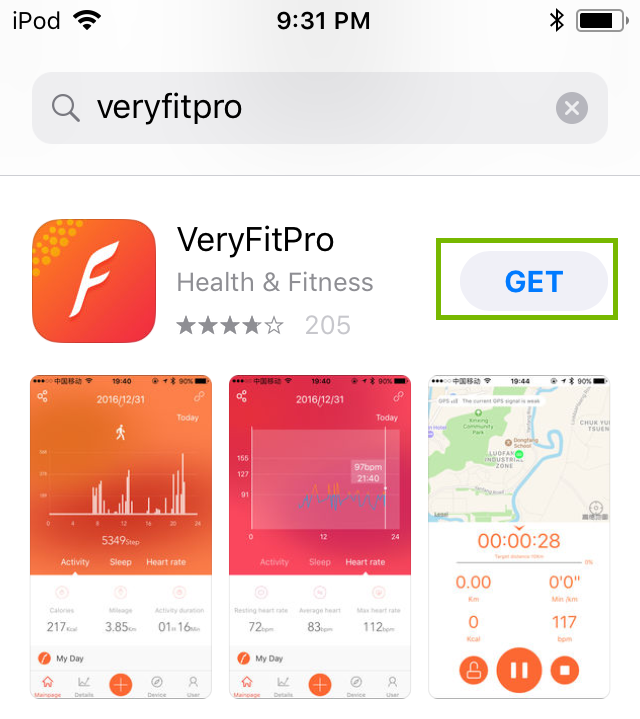 iOS app store search showing veryfitpro with get highlighted