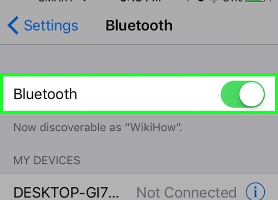 Bluetooth settings with Bluetooth switch in ON position.