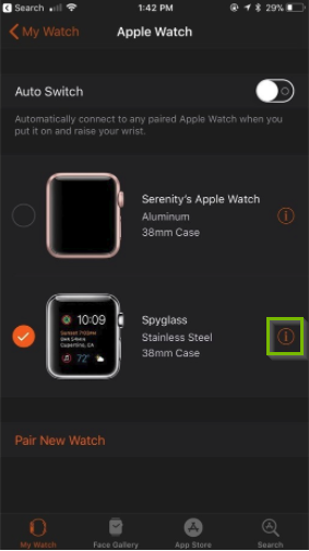 Watch app with the information button next to the current watch highlighted.