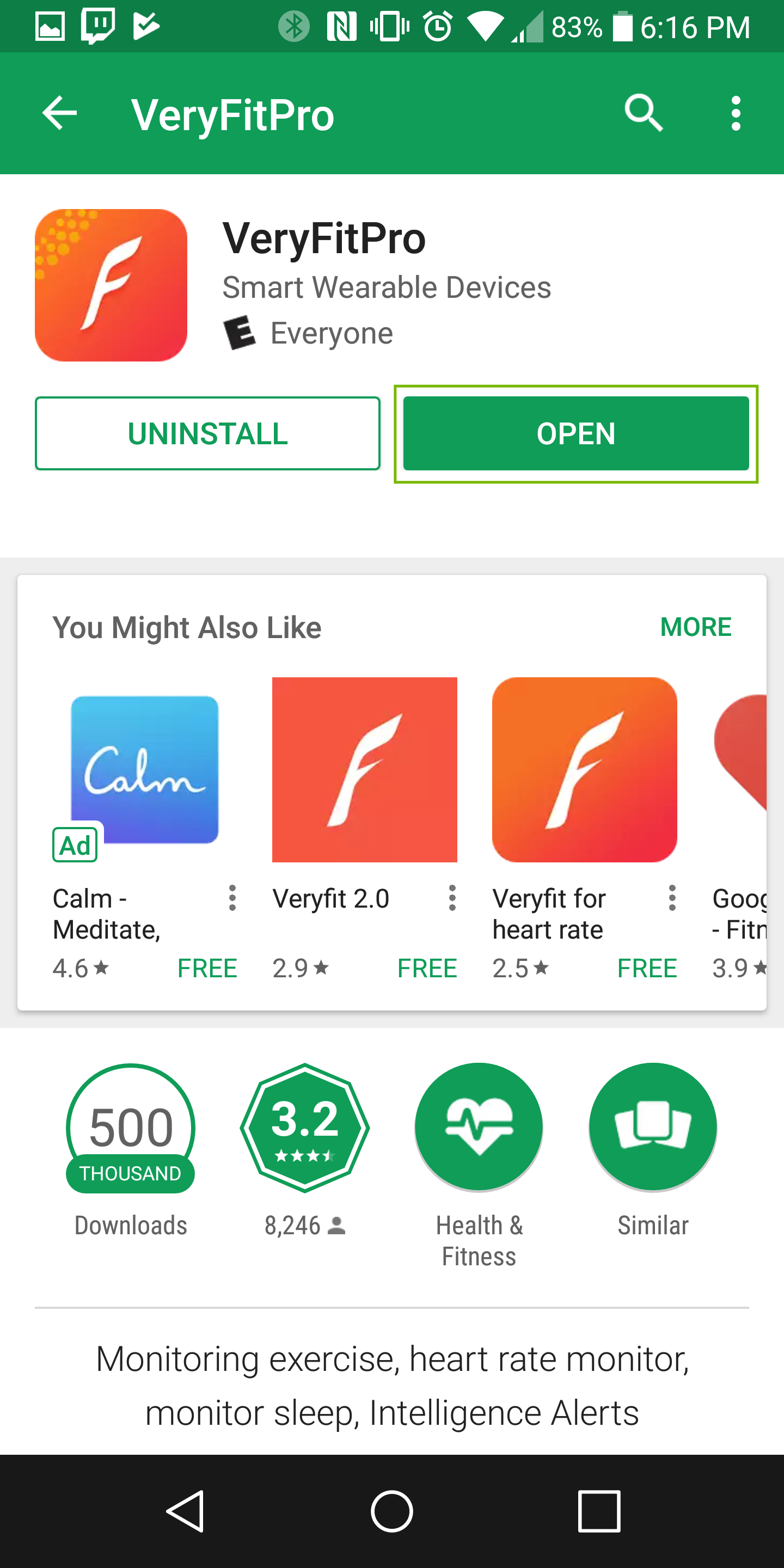 Veryfitpro app page with open highlighted