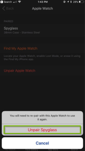 Watch app unpair confirmation prompt with unpair watch button highlighted.