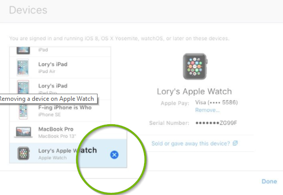 iCloud devices screen with an X highlighted next to the selected Apple Watch device.