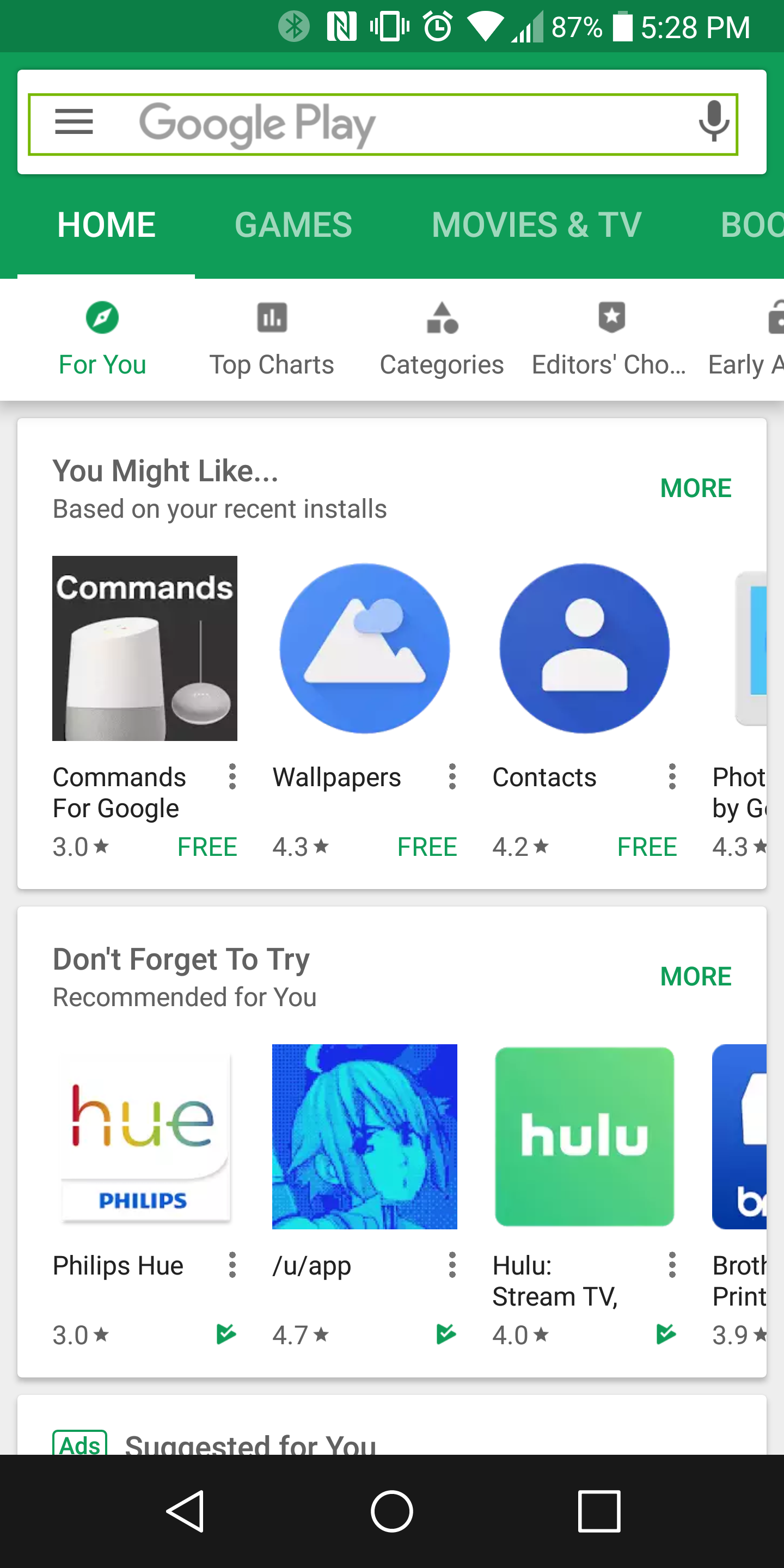 Android Play Store app with search bar highlighted.