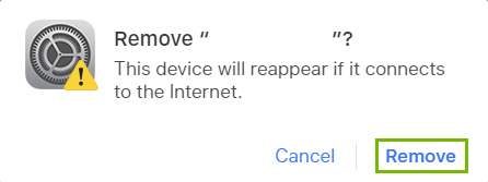 iCloud device removal confirmation with the remove option highlighted.