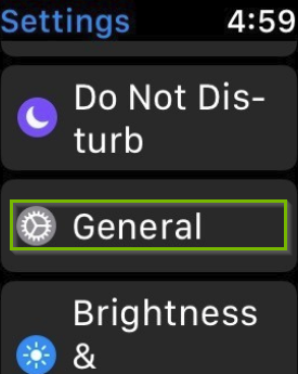 Apple watch settings menu with the general option highlighted.