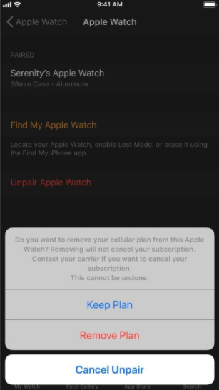 Watch app remove cellular plan prompt offering removal options.