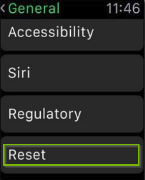 Apple watch general settings menu with the reset option highlighted.