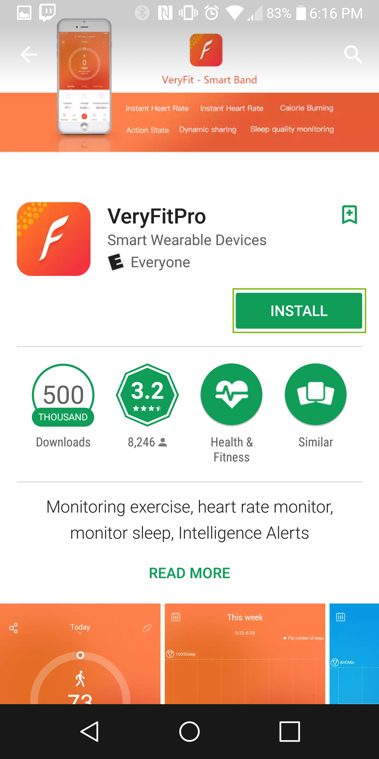 Veryfitpro app page with install highlighted