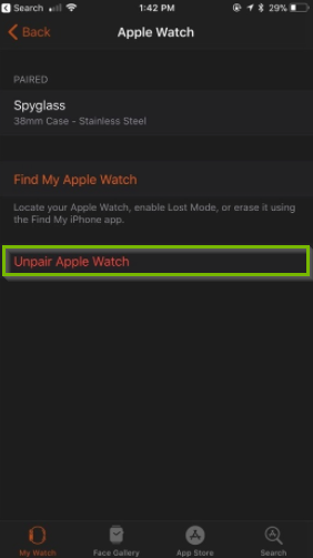 Watch app with the unpair apple watch option highlighted.