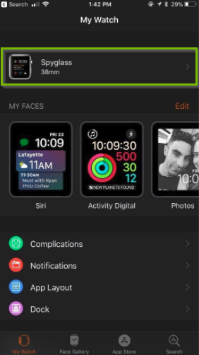 Watch app highlighting the connected Apple watch.