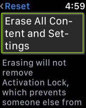 Apple watch reset menu with the erase all content and settings option selected.