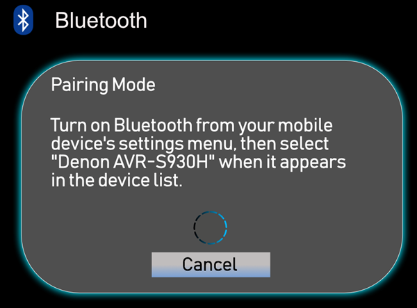 Denon 930 bluetooth connection on screen