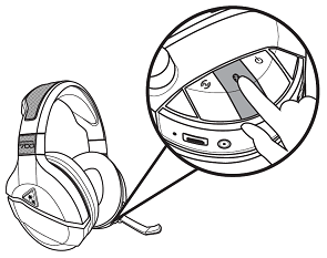 Turtle Beach Stealth 700 headphones highlighting the Bluetooth button. Illustration.