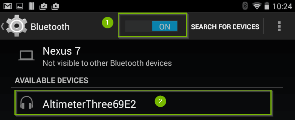 Bluetooth settings page with on/off toggle and bluetooth accessory highlighted