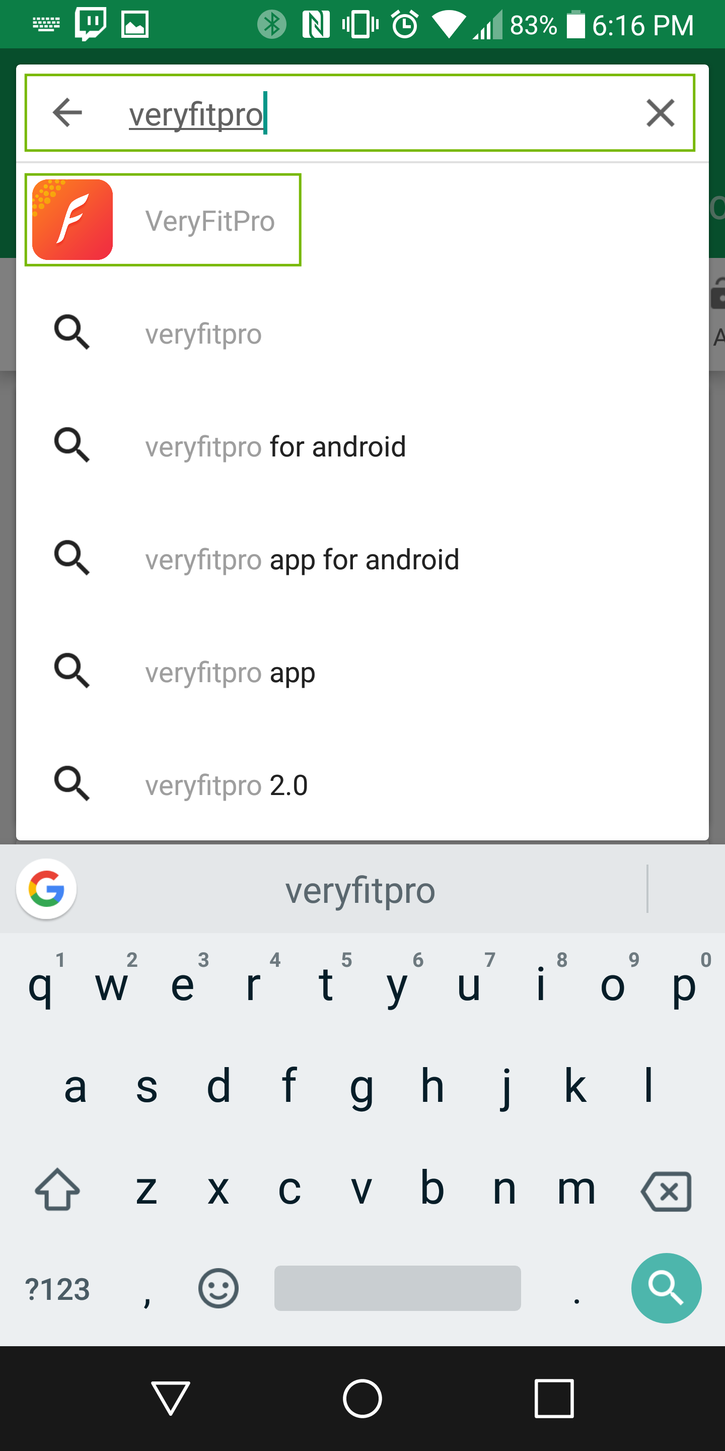 Android search bar with veryfitpro typed