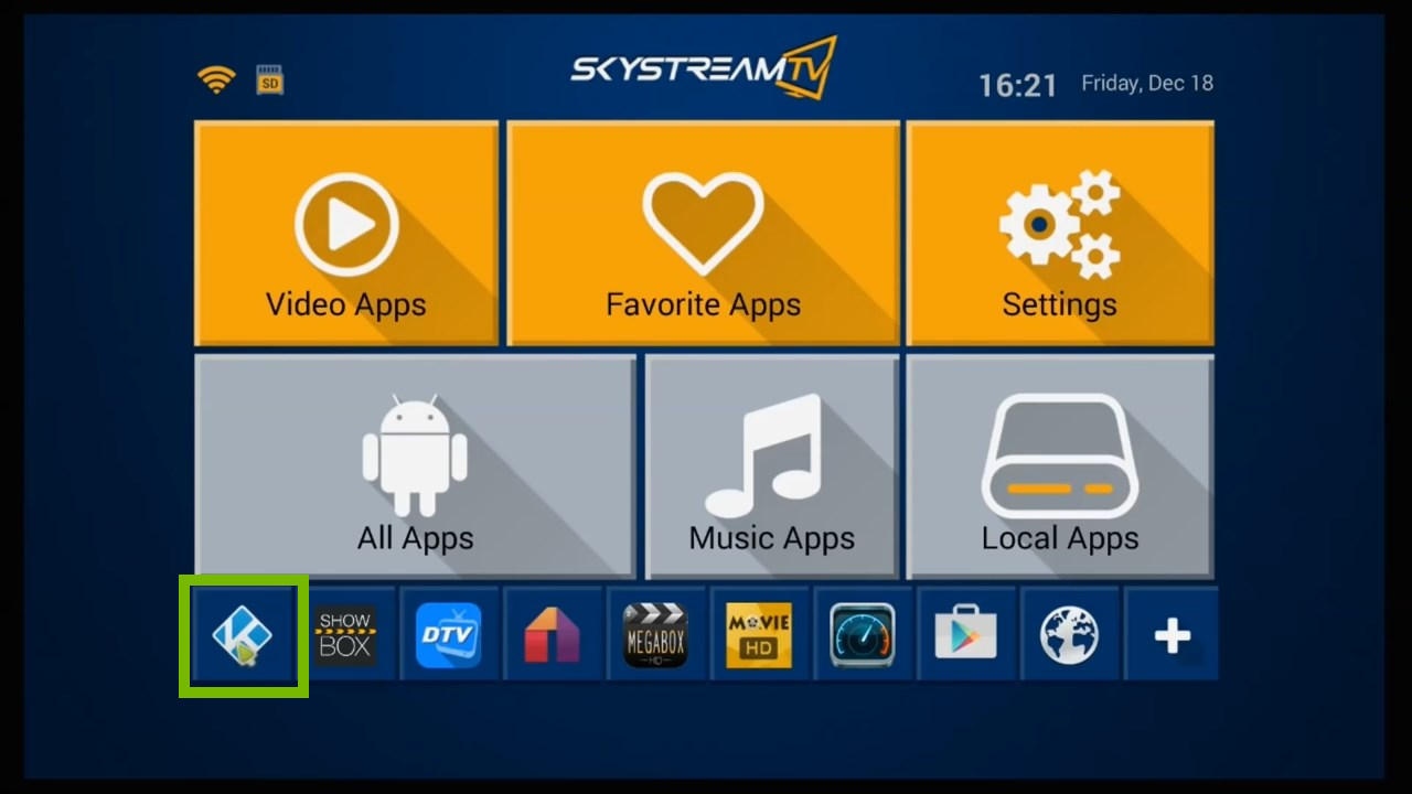 Main Menu with the Kodi app highlighted.
