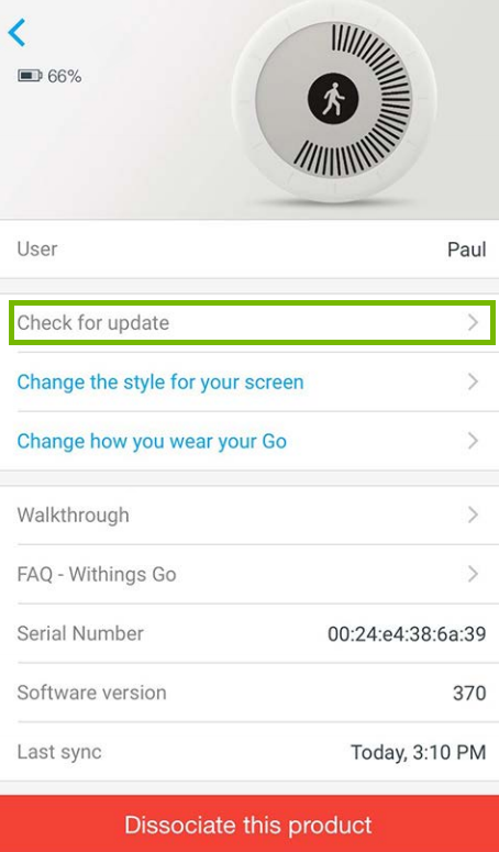 Withings Go options with Check for update highlighted