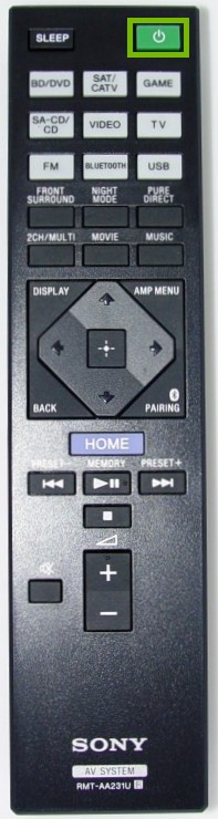 Remote control with the power button highlighted.