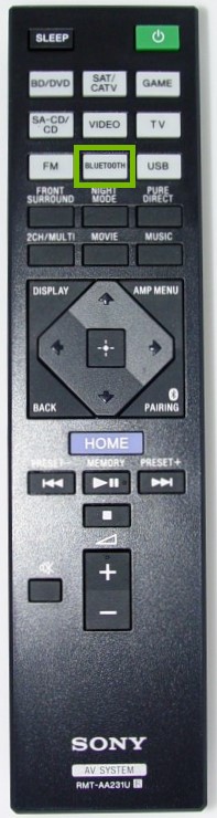 Remote control with the Bluetooth button highlighted.