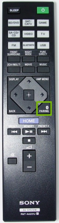 Remote control with the Pairing button highlighted.