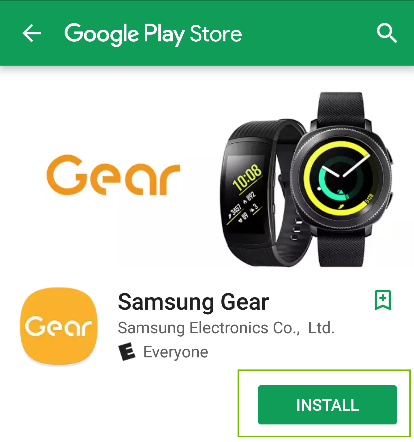Gear Android Store page with install button highlighted
