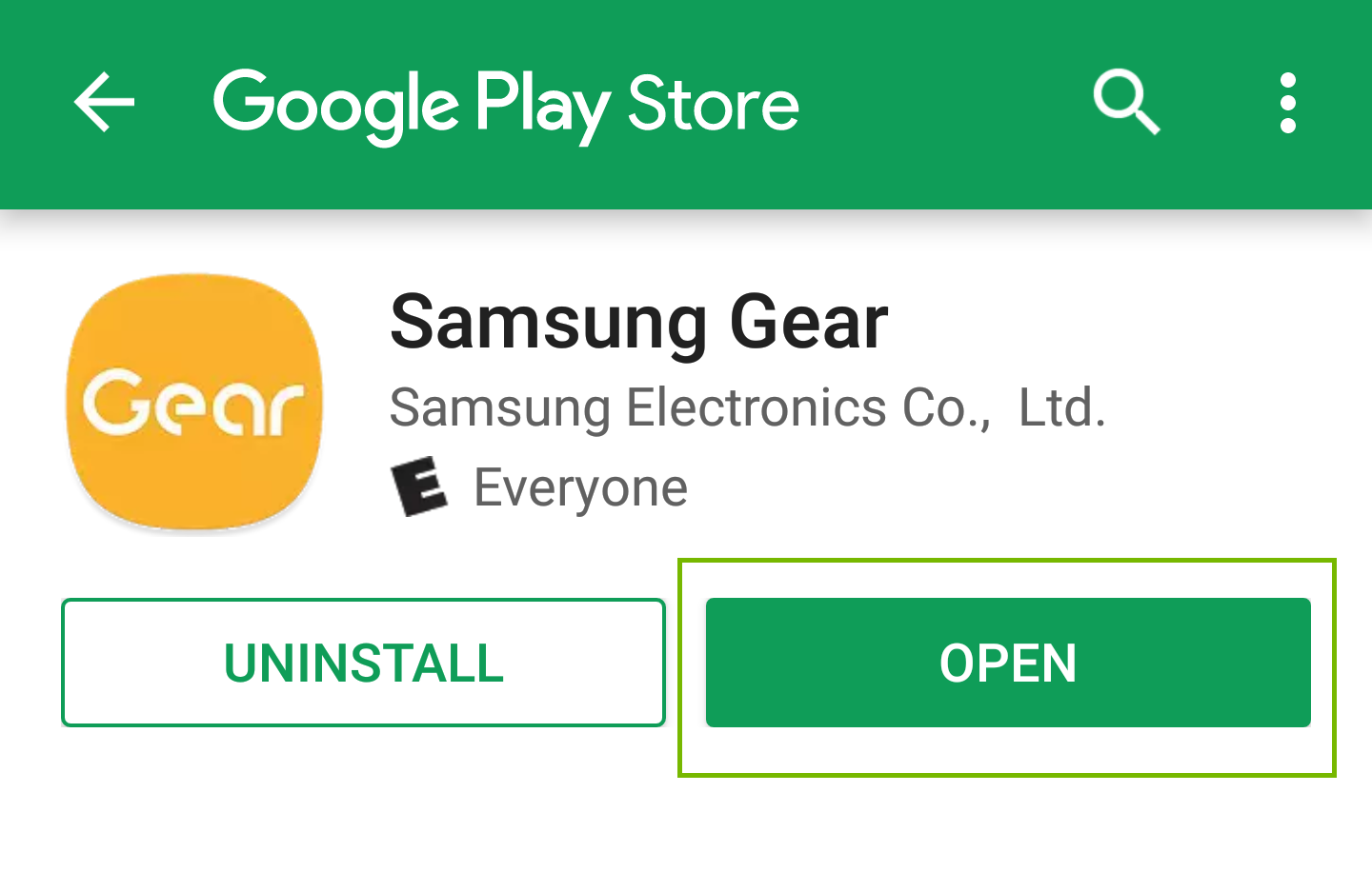 gear android stoe page with open button highlighted