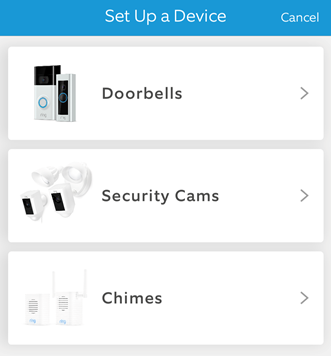 Mobile app device setup selection screen