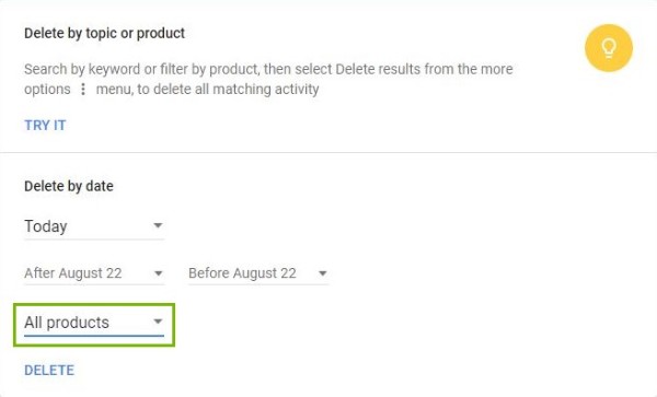 Product drop down menu highlighted