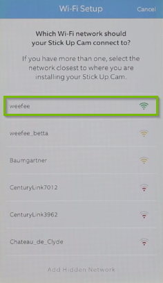 Mobile app Wi-Fi selection screen