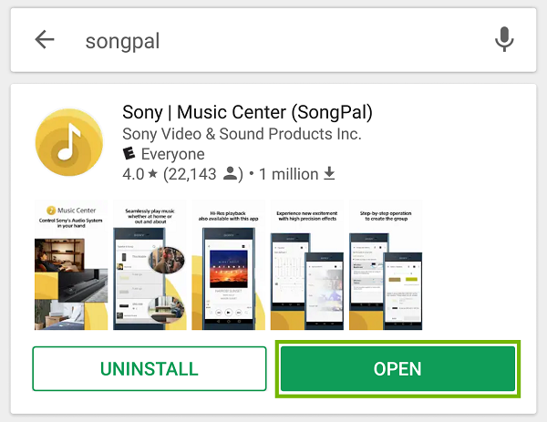SongPal with Open highlighted.
