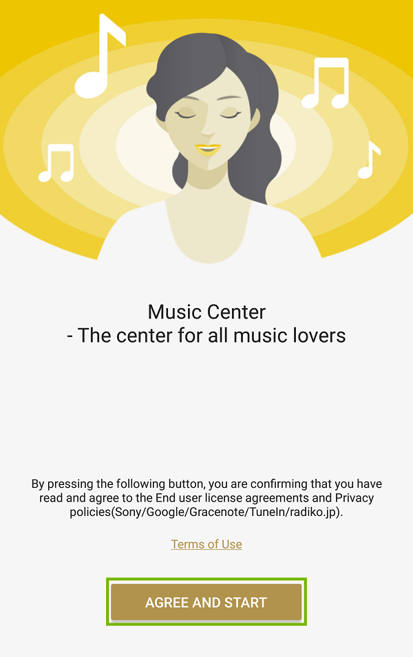 Music Center app first page with Agree and Start highlighted.