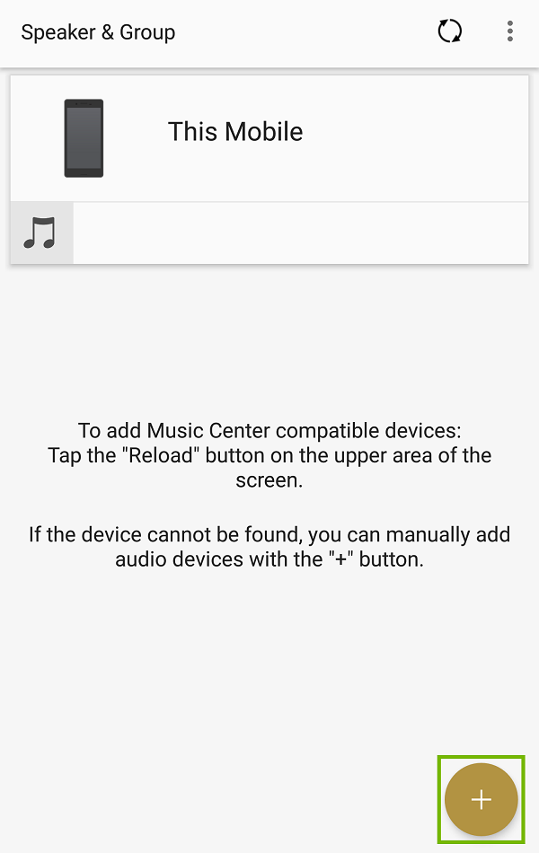 Music Center home screen with plus button highlighted.