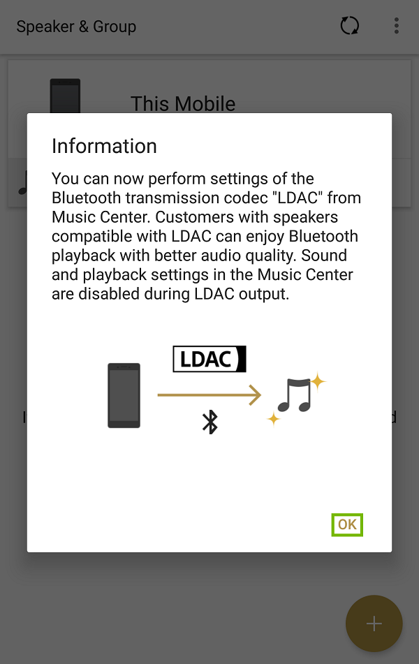Music Center app Information dialog with OK highlighted.