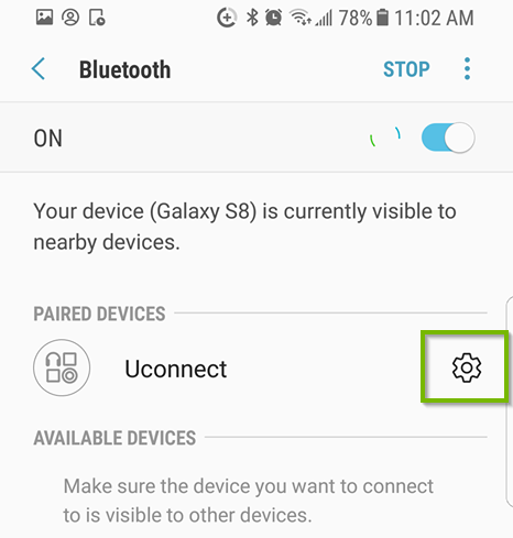 Bluetooth menu with gear highlighted.