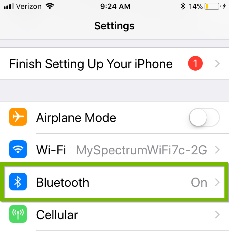 Screenshot of settings with Bluetooth menu item highlighted.