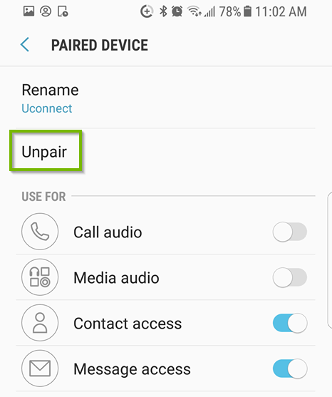 Paired Bluetooth device menu with Unpair button highlighted.