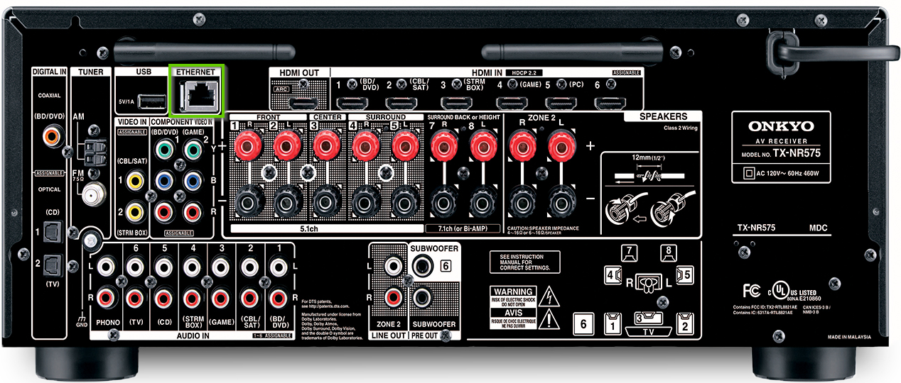 The back of an onkyo receiver showing the ethernet port