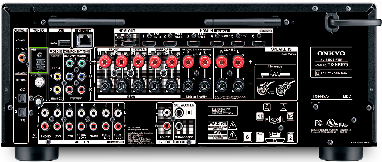 The onkyo receiver with the AM radio connector shown