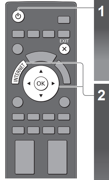 TV remote with Power button highlighted above, Internet and navigation buttons below. Illustration.