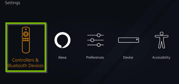 Fire TV menu with Controller and Bluetooth Devices selected. Screenshot.