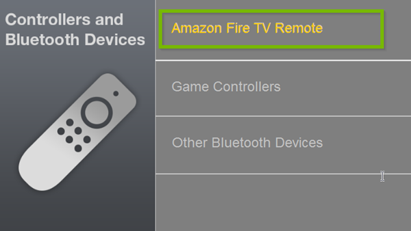 Controllers and Bluetooth Devices menu with Amazon Fire TV Remote selected. Screenshot.