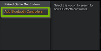 Paired Game Controllers screen with Add Bluetooth Controllers selected.