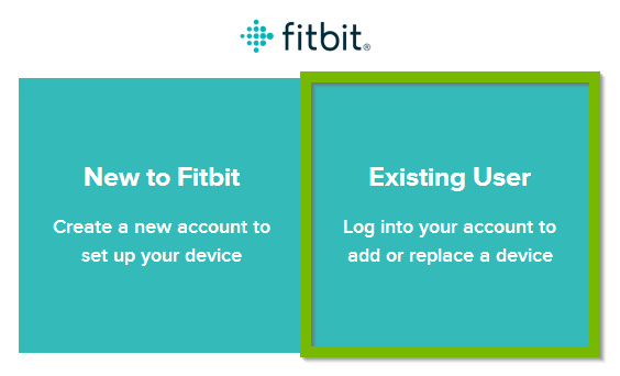 Fitbit app with Existing User selected. Screenshot.