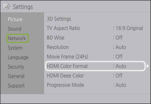 settings with network highlighted
