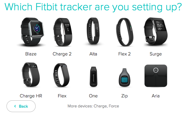 List of various Fitbit trackers. Screenshot.
