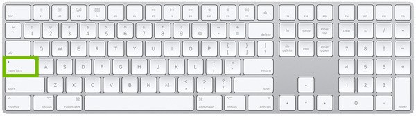 Mac Desktop keyboard with Caps Lock Highlighted.
