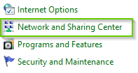 Control panel with network and sharing center highlighted.