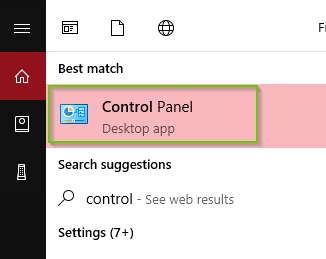Windows 10 search results with control panel highlighted.